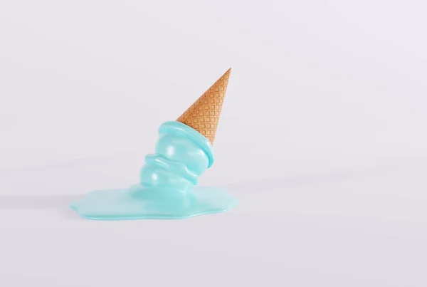 地面と光の背景にワッフルに氷を溶かした アイスクリームを食べ 冷却するという概念 3Dレンダリング 3Dイラスト — ストック写真