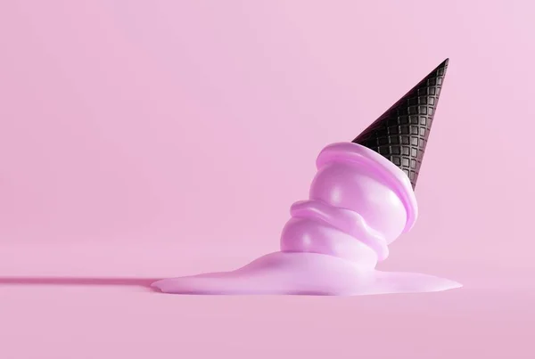 Melted ice cream in a black waffle on the ground and pink background. The concept of eating ice cream, cooling down. Modern ice cream with a black waffle. 3D render; 3D illustration.