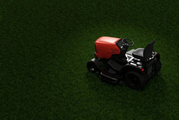 芝生の上に芝刈り機 芝生を刈るという概念は フィールド 庭に草を準備します 草の上のガソリンの粉 3Dレンダリング 3Dイラスト — ストック写真