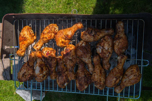 Açık havada ızgara, barbekü. Açık havada ızgara sosis ve tavuk..