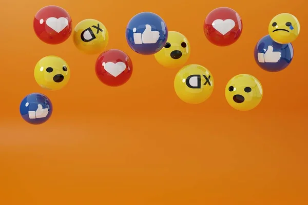 脸色发黄 心情舒畅 社交媒体的概念 在互联网用户中使用情感符号 Emoji在用各种面部表情和情绪 国际纪念日 3D渲染 3D插图 — 图库照片