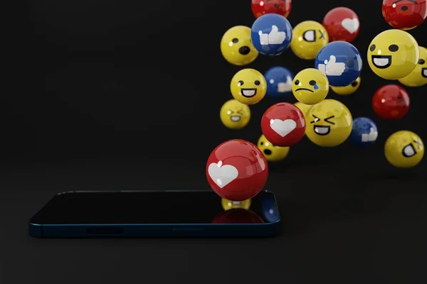 情绪激动的人从电话里出来了社交媒体的概念 在互联网用户中使用情感符号 Emoji在用各种面部表情和情绪 国际纪念日 3D渲染 3D插图 — 图库照片