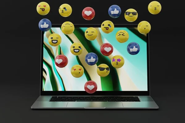 Emoticones Saliendo Computadora Portátil Concepto Redes Sociales Utilizando Emoticonos Entre — Foto de Stock