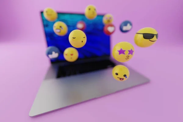 从电脑 笔记本电脑里出来的情感冲动 社交媒体的概念 在互联网用户中使用情感符号 Emoji在用各种面部表情和情绪 国际纪念日 3D渲染 3D插图 — 图库照片