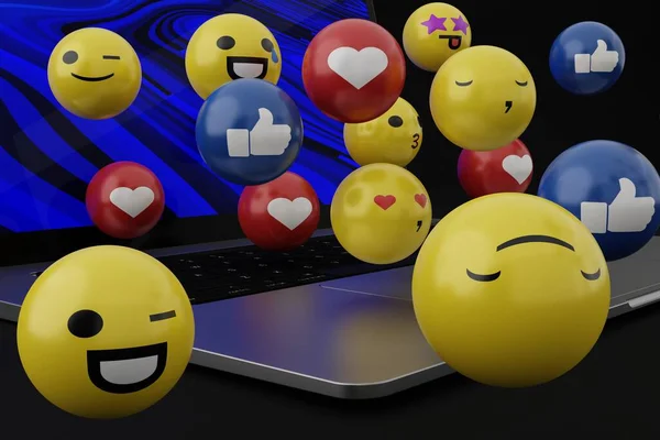 stock image Emoticons coming out of the computer, laptop. Social media concept, using emoticons among internet users. Emoji in use. Various facial expressions and emoticons. International emoji day. 3D render, 3D illustration.