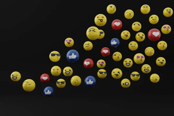 脸色发黄 心情舒畅 社交媒体的概念 在互联网用户中使用情感符号 Emoji在用各种面部表情和情绪 国际纪念日 3D渲染 3D插图 — 图库照片