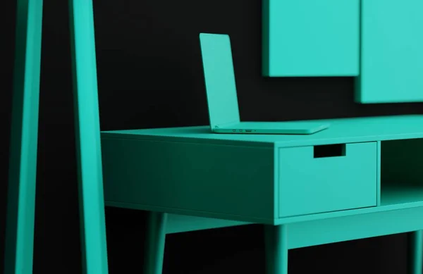 Primo Piano Computer Portatile Colore Turchese Pastello Uno Sfondo Nero — Foto Stock