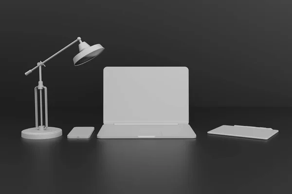 Laptop Abstrato Lâmpada Telefone Tablet Cor Pastel Branco Fundo Preto — Fotografia de Stock
