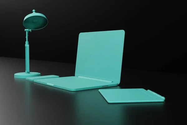 stock image An abstract laptop, lamp, telephone and turquoise of white pastel color on a black background. Minimalistic concept, modern office, abstract room. Modern work, creative. 3D rendering, 3D illustration.