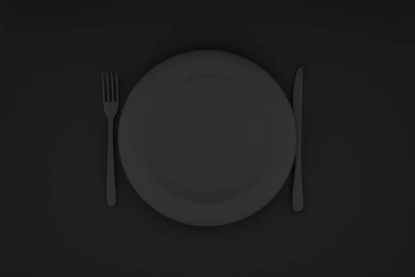 黒のパステルカラーの抽象的な食器 テーブル レストランに食べ物を提供するという概念 パステルプレートとシルバーウェア 3Dレンダリング 3Dイラスト — ストック写真