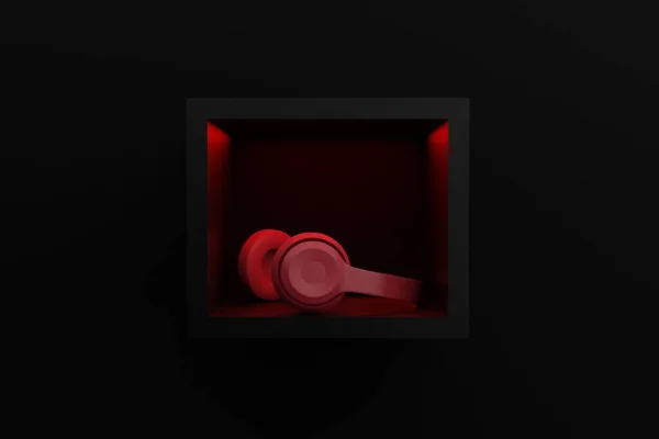 黒い背景に赤い光で照らされたフレーム内のヘッドフォン 音楽を作成するためにヘッドフォンを使用して 音楽ヘッドフォンの概念 3Dレンダリング 3Dイラスト — ストック写真