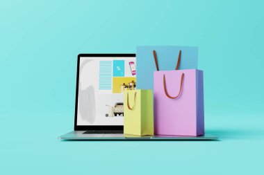 İnternet mağazası web sitesi ve alışveriş çantaları olan bir dizüstü bilgisayar. E-ticaret, internet alışverişi. İş konsepti, internet geliştirme. 3d görüntüleme, 3d illüstrasyon.