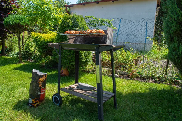 stock image Outdoor grilling, barbecue. Grilling sausages and chicken in the open air.