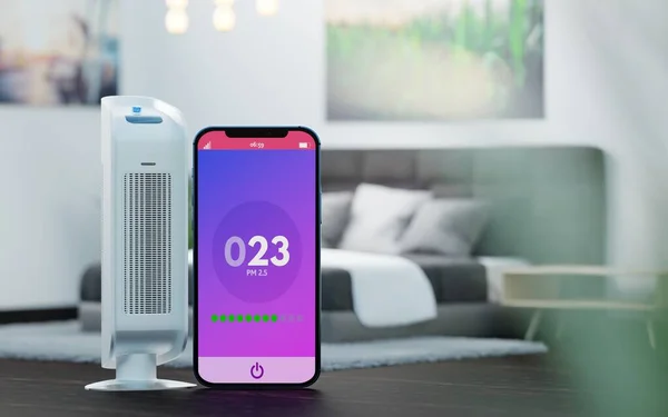An air purifier and a phone with an application about air pollution in the background of a room, bedroom. Healthcare center, care for clean air. 3d rendering, 3d illustration.