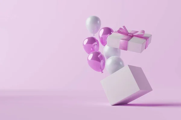 Gift open with outgoing balloons on pastel pink background. Concept of making gifts, buying gifts, shopping. Surprise. 3D render, 3D illustration.