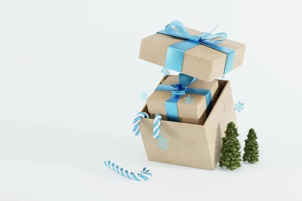 가벼운 배경에 상자에 크리스마스 트리와 눈송이를 선물하는 크리스마스 선물을 선물을 — 스톡 사진