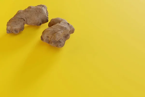 Ginger on a yellow background. Concept of eating and buying ginger. Growing young ginger. 3D render, 3D illustration.