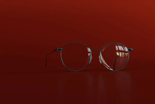 赤い背景に丸みを帯びた金属フレームを持つ眼鏡 ビジョンの問題 視力障害の概念 3Dレンダリング 3Dイラスト — ストック写真