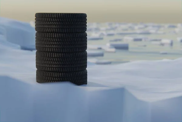 都是雪 冬天的背景 冬天换轮胎的概念 在雪地 冰上使用轮胎 3D渲染 3D插图 — 图库照片