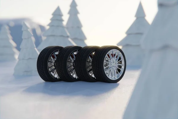 Reifen Auf Schnee Winterhintergrund Das Konzept Des Reifenwechsels Für Winterreifen — Stockfoto