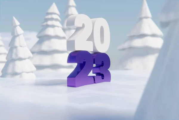 2023年的题词背景是冬季和有雪的圣诞树 新的一年的概念 欢迎新的2023年 新年前夕 3D渲染 3D插图 — 图库照片