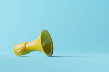 Arka planda megafon var. Bilgi ve haber sağlama kavramı. İş, Finans ve Sosyoloji. 3d görüntüleme, 3d illüstrasyon.