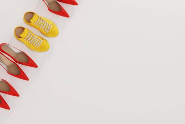 Beyaz arka planda yüksek topuklar ve spor ayakkabılar. Yüksek topuklulara karşı rahat ayakkabılar giyme kavramı. Kadınlar için rahat ayakkabılar değiştirmek. 3B görüntüleme, 3B illüstrasyon.