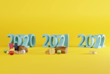 2019 'dan 2022' ye kadar bir sepet ürün. Enflasyon kavramı, artan maliyetlerle ilgili sorunlar, aynı paraya daha az ürün. Yaşamanın bedeli yüksek. 3B görüntüleme; 3B illüstrasyon.