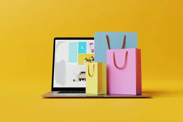 Laptop with the website of the online store and shopping bags. E-commerce, internet shopping. Business concept, internet development. 3d rendering, 3d illustration.
