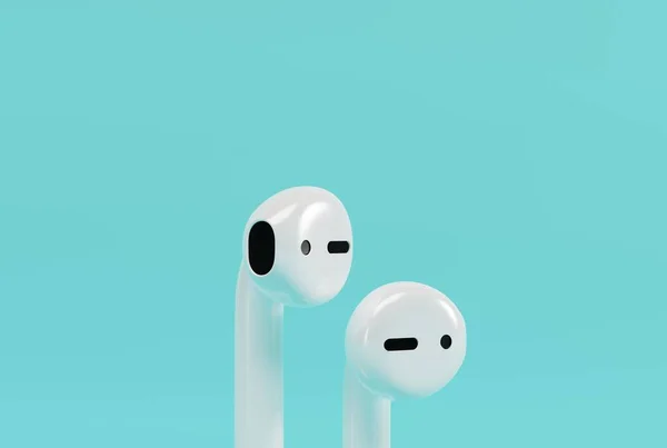 Wireless Earbuds Earphones Blue Background Concept Listening Music Using Wireless — Stock Photo, Image