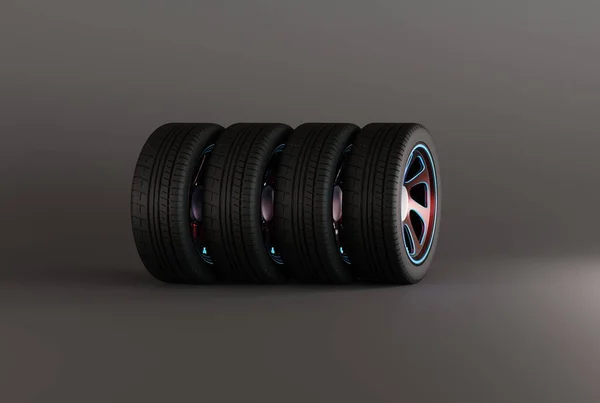 타이어는 어두운 배경에 있습니다 타이어를 계절에 바꾸는 타이어를 사용하는 타이어에 — 스톡 사진