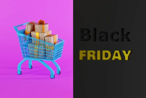 一辆装有粉色背景礼物和写着黑色星期五字样的购物车 黑色星期五 大甩卖 大购物的概念 3D渲染 3D插图 — 图库照片