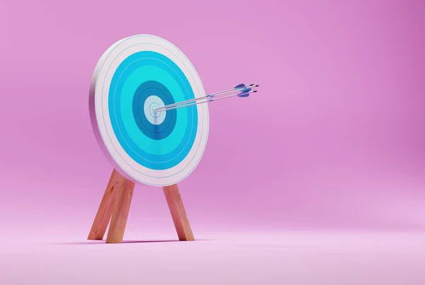 有内嵌箭的目标粉色背景上的射箭靶实现这一目标的概念 努力执行计划 3D渲染 3D插图 — 图库照片
