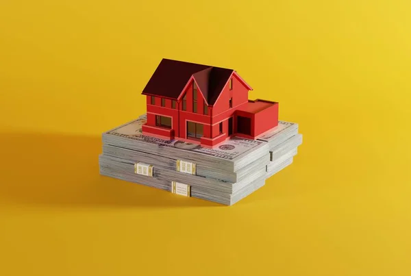 房子模型上的一捆钞票 买房子 买黄色背景的房子的概念 3D渲染 3D插图 — 图库照片