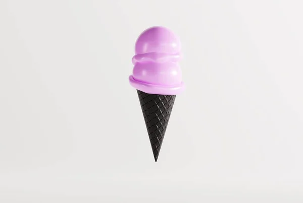 冰激淋在一个黑色的华夫饼在地面上和轻背景 吃冰淇淋的概念 冷却下来 现代冰淇淋与黑色华夫饼 3D渲染 3D插图 — 图库照片