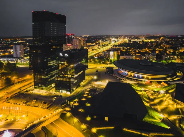 stock image Katowice, May 8, 2022, Poland, Silesia. View of Katowice at night from a drone. View of the saucer in Katowice and the KTW building. Katowice city concept at night aerail view.