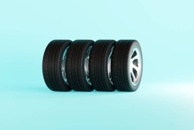 Mavi arka planda lastikler. Mevsimlik lastik değiştirme kavramı, kar ve buz üzerinde lastik kullanma kavramı. Lastikleri yaz ya da kış lastikleriyle değiştirmek. 3B görüntüleme, 3B illüstrasyon.