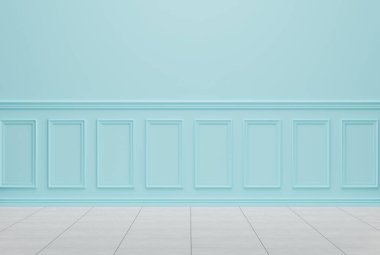 Mavi dekoratif duvar, oda içi. Ürün yerleştirme konsepti, dekoratif desenli güzel boş duvar, panel. 3B görüntüleme; 3B resimleme.