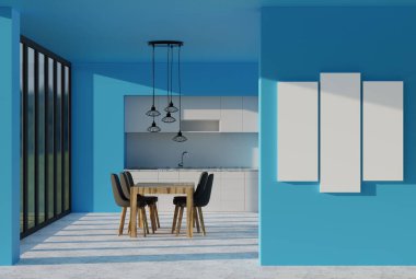 Arka planda duvar ve mutfak manzarası ve tamamlanması gereken boş bir çerçeve. Mutfak konsepti, ürünü mutfağın önündeki çerçeveye yerleştirmek. 3B görüntüleme; 3B resimleme.