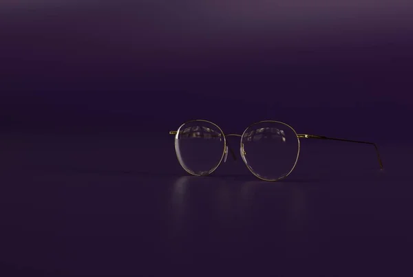 紫色の背景に丸みを帯びた金属フレームを持つメガネ ビジョンの問題 視力障害の概念 3Dレンダリング 3Dイラスト — ストック写真