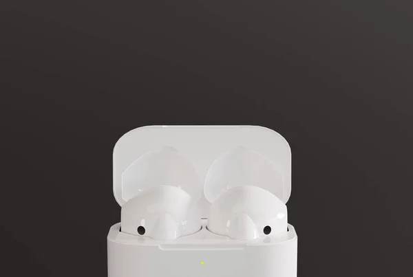 暗い背景の箱の中の無線イヤホン ワイヤレスヘッドフォンを使用して音楽を聴くという概念 現代のヘッドフォン 3Dレンダリング 3Dイラスト — ストック写真