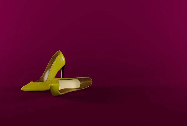 High heels on a purple background. Minimalistic, fashion and beauty concept. The wearing of high heels by women. 3D render, 3D illustration.