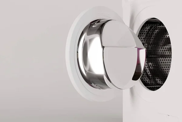 白いパステルカラーの背景に洗濯機 洗濯機を使って洗濯をするというコンセプト 3Dレンダリング 3Dイラスト — ストック写真
