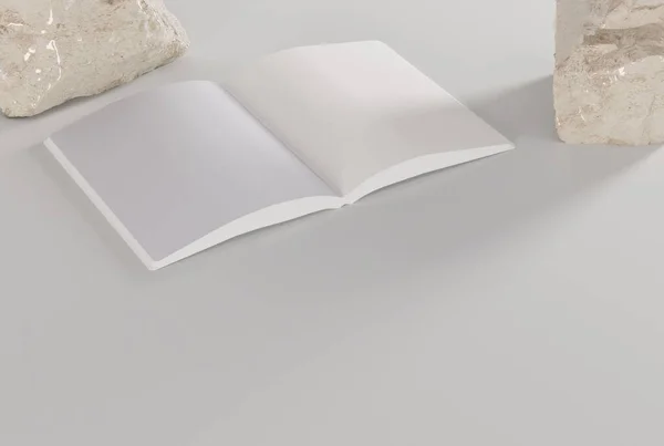 有空白页的开放杂志 内容补充的概念 阅读书籍 3D渲染 3D插图 — 图库照片