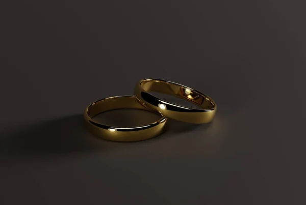 金色的结婚戒指在黑暗的背景上 婚礼的概念 珠宝制造的概念 3D渲染 3D插图 — 图库照片