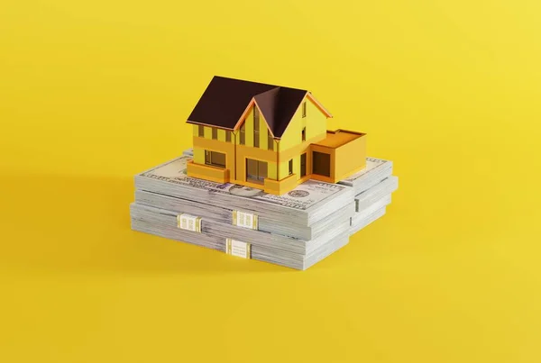 房子模型上的一捆钞票 买房子 买黄色背景的房子的概念 3D渲染 3D插图 — 图库照片