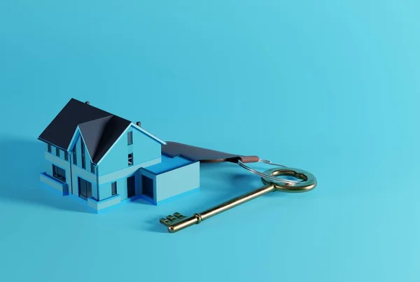 家里的钥匙在房子的后面 蓝色的背景 买一套公寓的概念 就是买第一套公寓 3D渲染 3D插图 — 图库照片