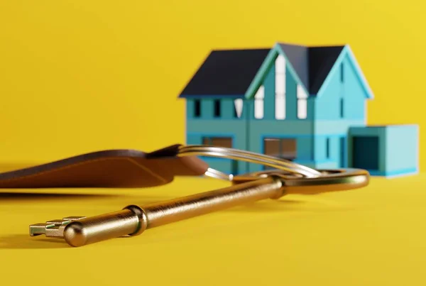 家里的钥匙在房子的后面 黄色的后面 买一套公寓的概念 就是买第一套公寓 3D渲染 3D插图 — 图库照片