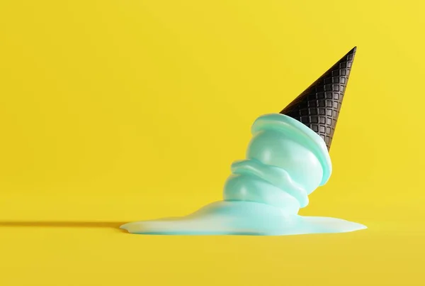 地面に黒いワッフルと黄色の背景に氷のクリームを溶かした アイスクリームを食べ 冷却するという概念 ブラックワッフル付きのモダンなアイスクリーム 3Dレンダリング 3Dイラスト — ストック写真