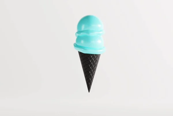 冰激淋在一个黑色的华夫饼在地面上和轻背景 吃冰淇淋的概念 冷却下来 现代冰淇淋与黑色华夫饼 3D渲染 3D插图 — 图库照片